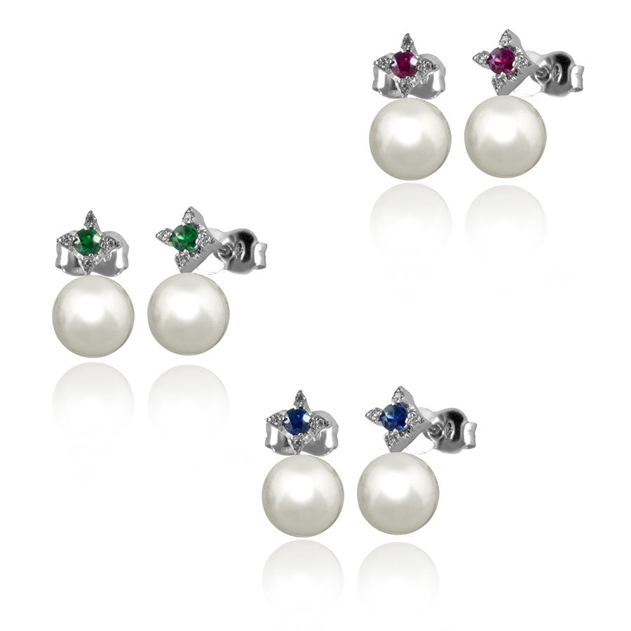 Orecchini In Oro 18kt Con Diamanti E Rubini, Smeraldi O Zaffiri Naturali E Perle Fresh Water 6-6.5 Mm.