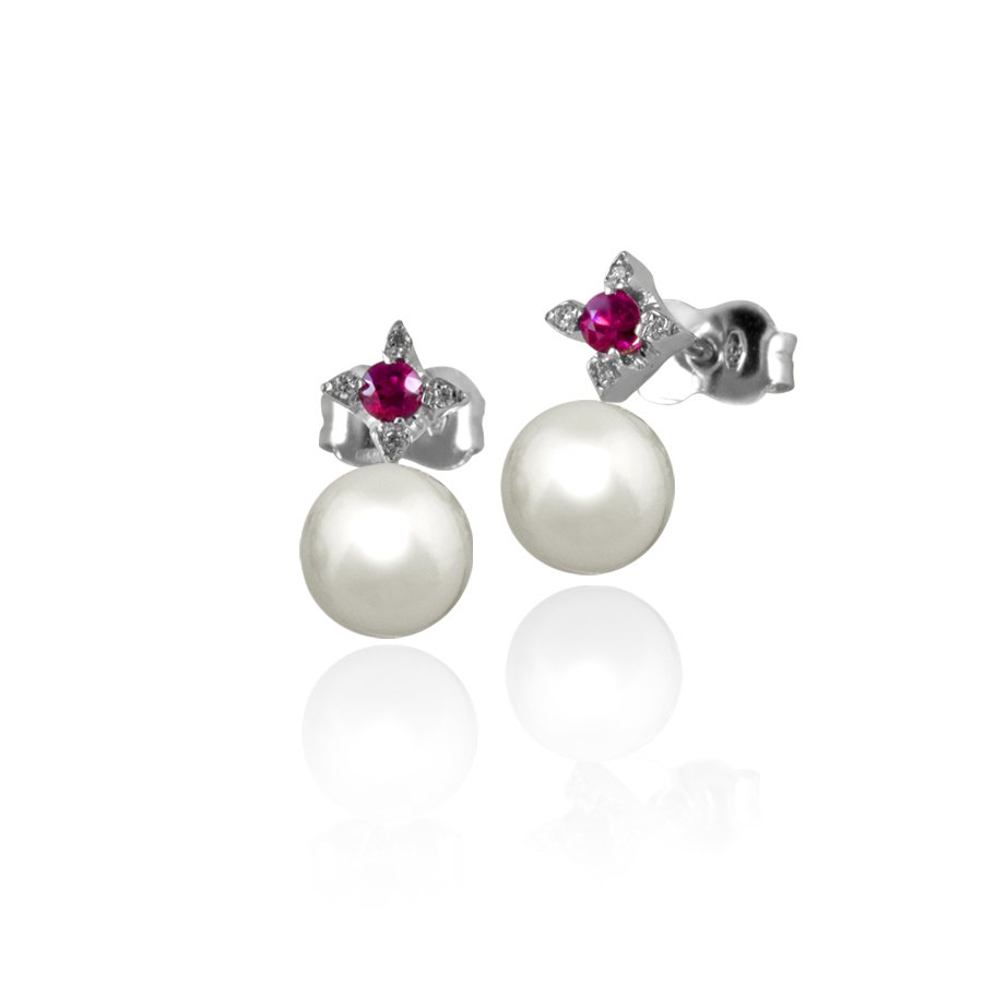 Orecchini In Oro 18kt Con Diamanti E Rubini, Smeraldi O Zaffiri Naturali E Perle Fresh Water 6-6.5 Mm. - immagine 4