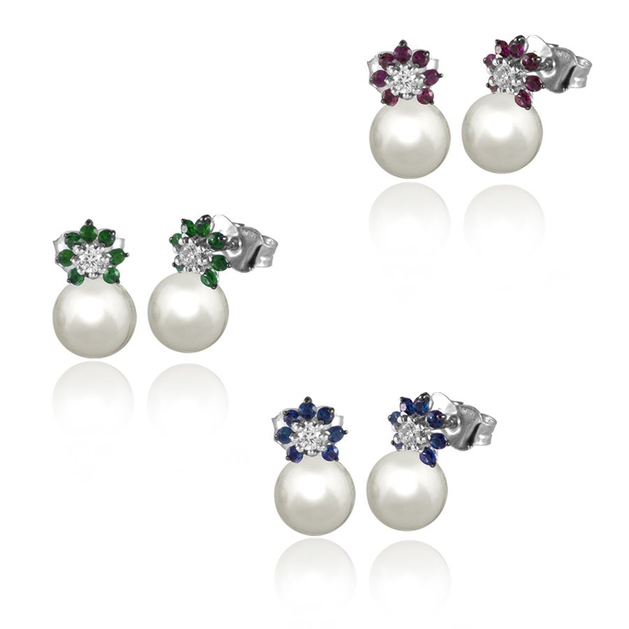 Orecchini In Oro 18kt Con Diamanti E Rubini, Smeraldi O Zaffiri Naturali E Perle Fresh Water 7-7.5 Mm