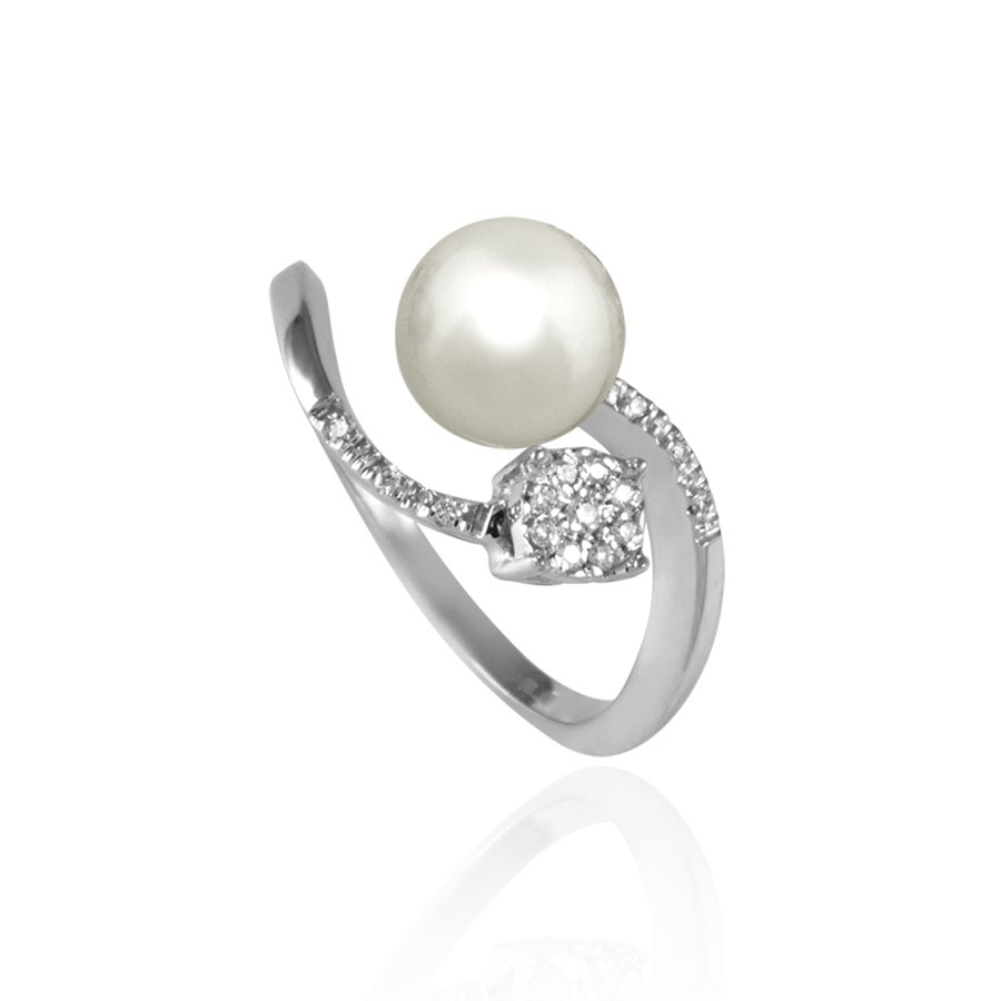 Anello In Oro 18kt Con Diamanti 0.09kt E Perla Di Acqua Dolce