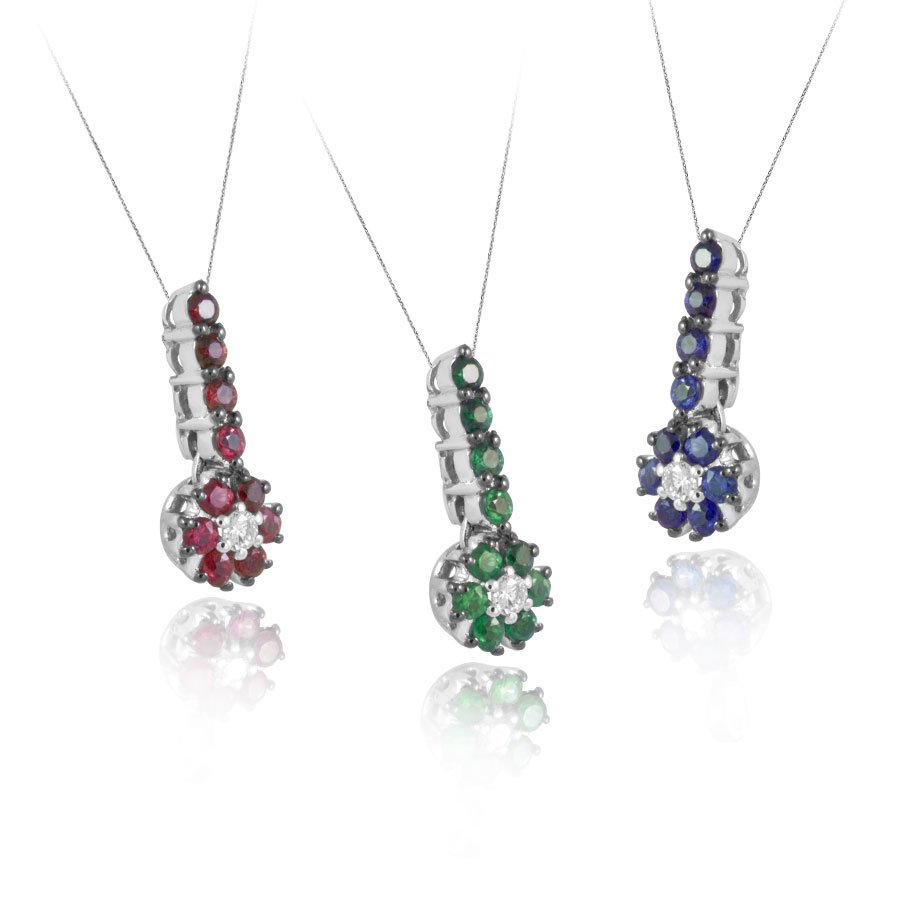 Collana In Oro 18kt Con Diamanti 0.04kt E /Smeraldi/Zaffiri/Rubini