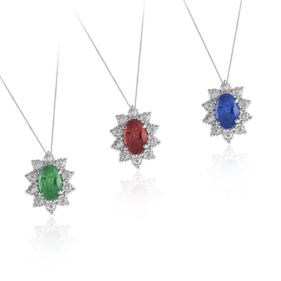 Collana In Oro 18kt Con Diamanti E Smeraldi/Rubini/Zaffiri