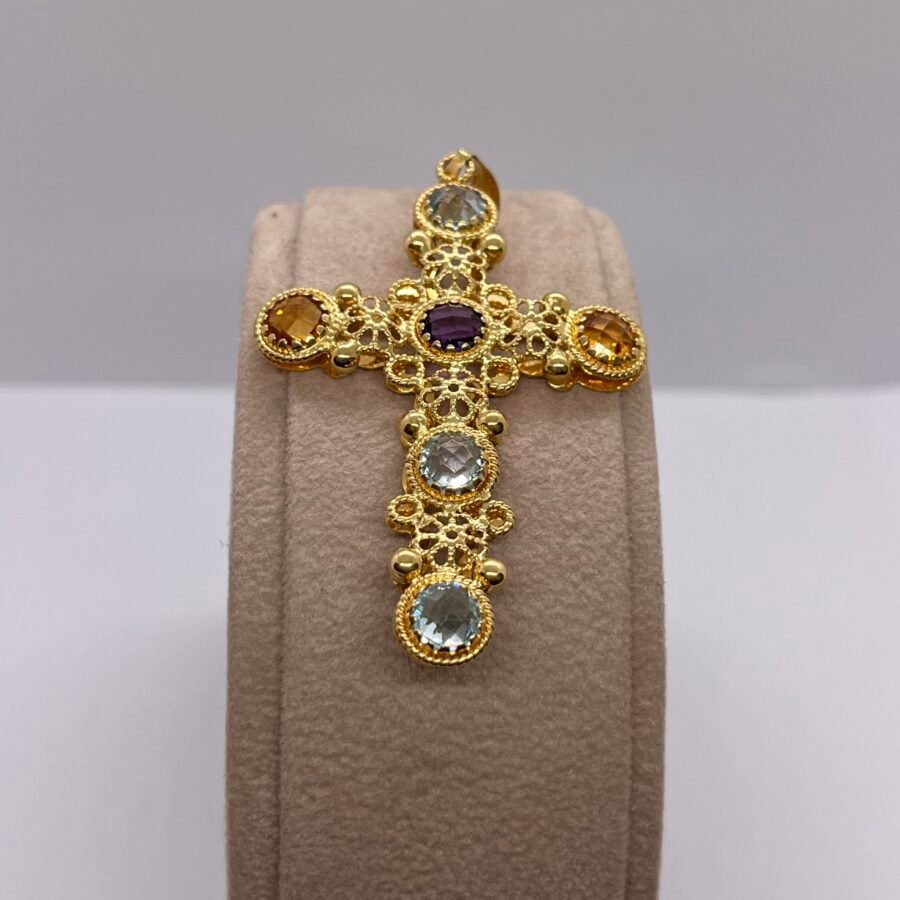 Croce In Oro 18kt Giallo Grande Con Pietre Colorate